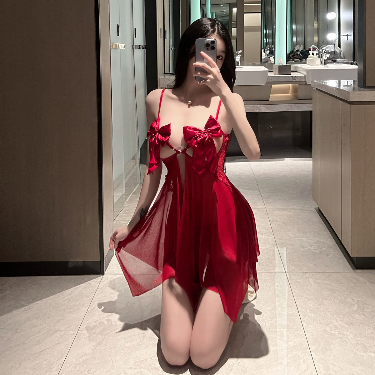 See-through bow halter sexy nightdress mesh deep V chest bag dress - Quusvik