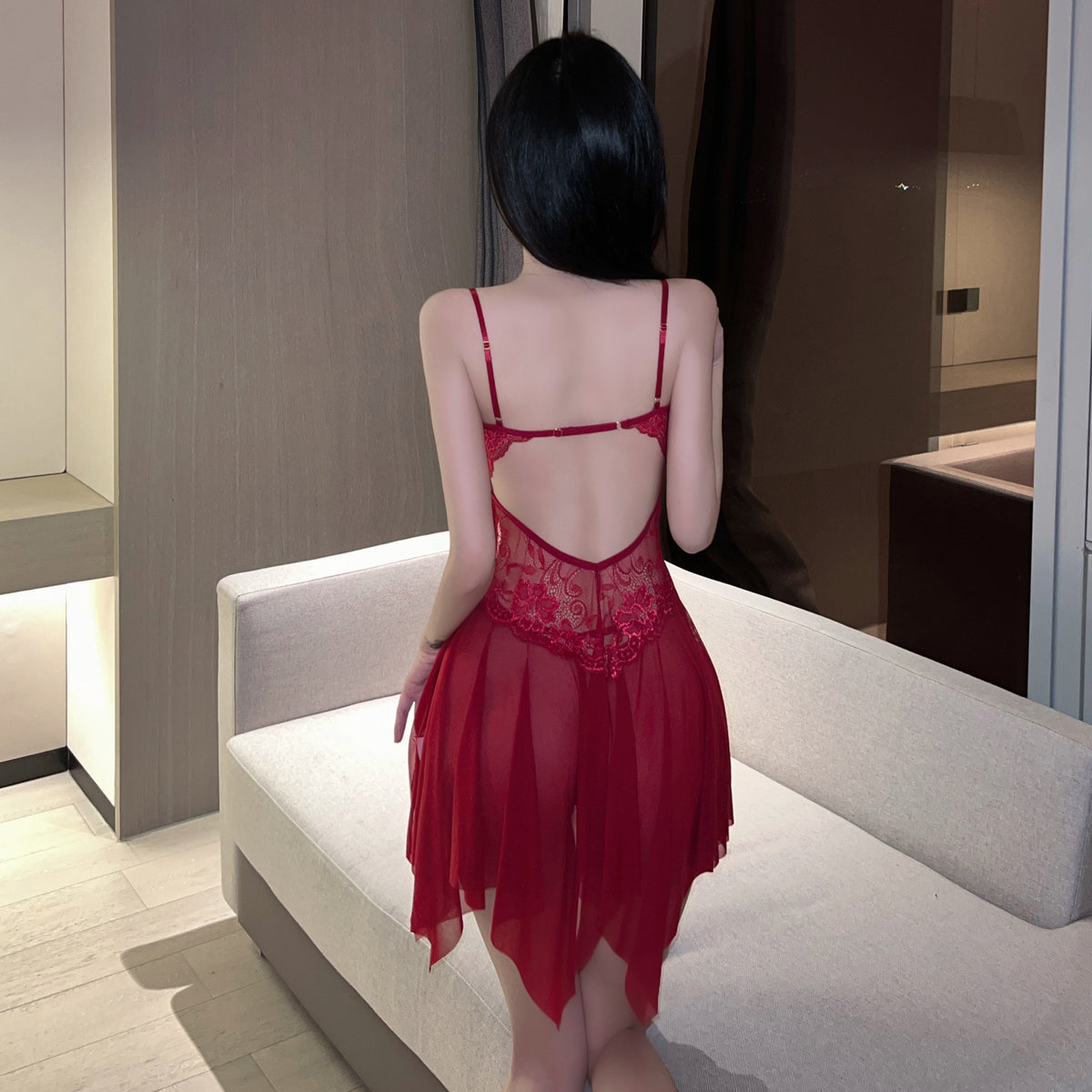 See-through bow halter sexy nightdress mesh deep V chest bag dress - Quusvik
