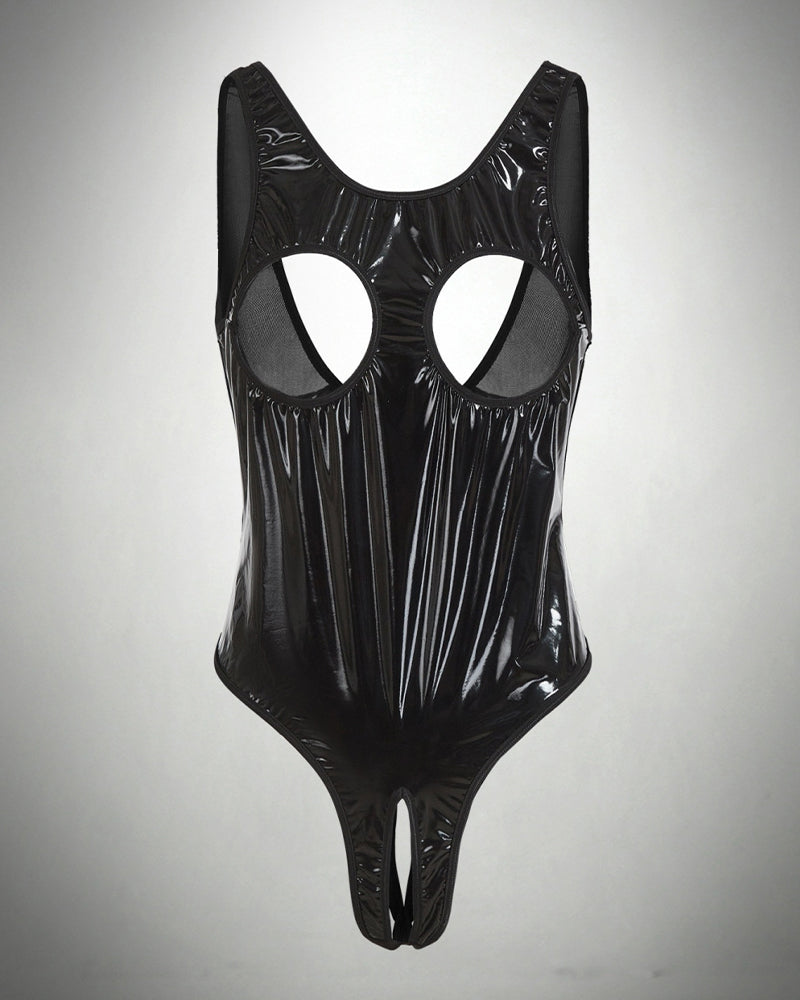 PU Leather Crotchless Cupless Teddy