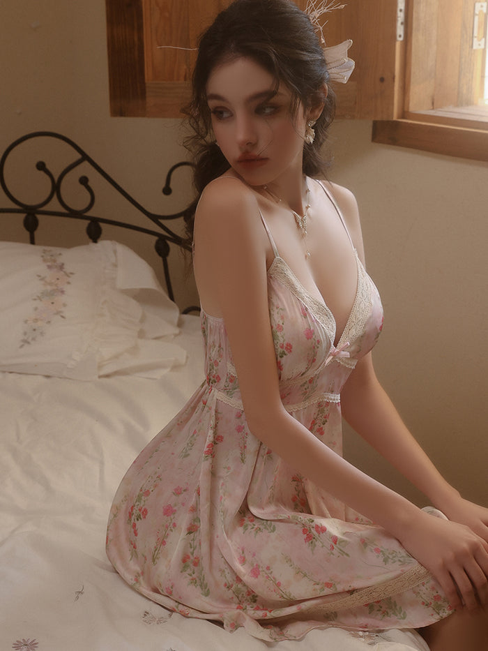 Floral Lace Deep V Trim Satin Dress