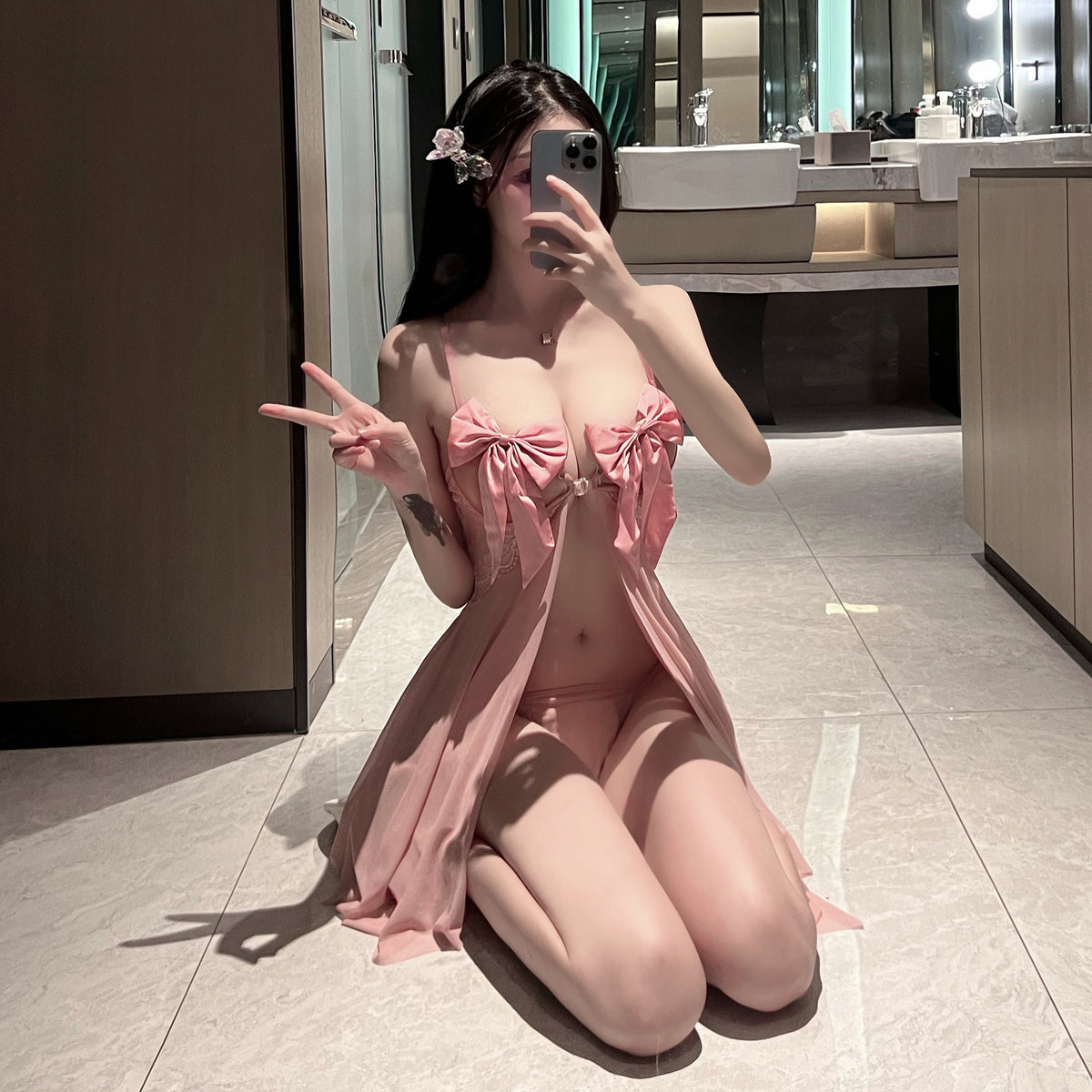 See-through bow halter sexy nightdress mesh deep V chest bag dress - Quusvik
