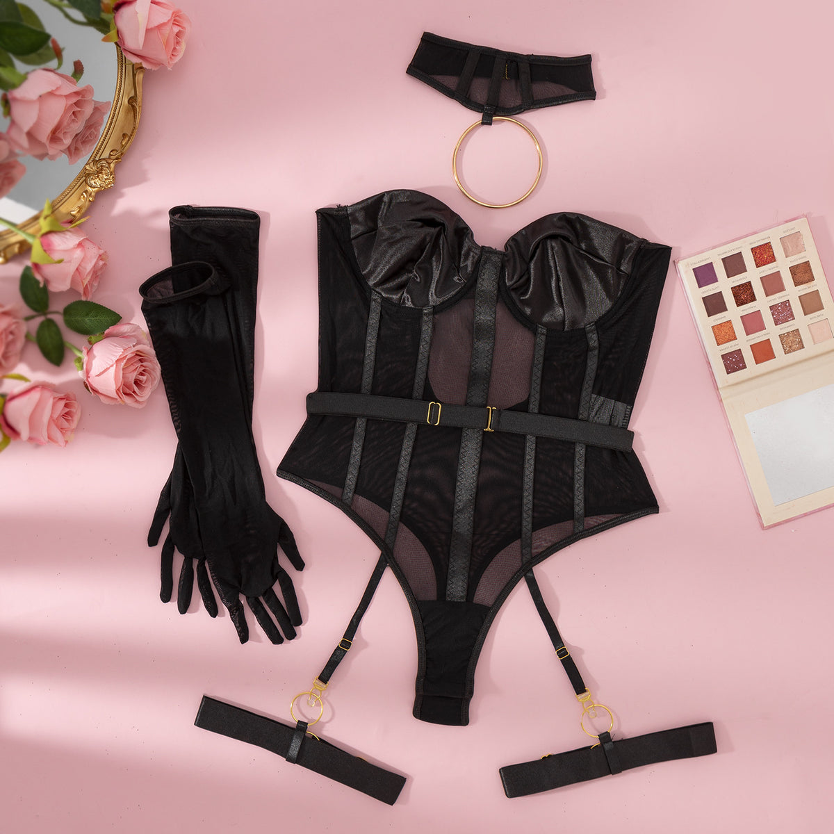 Plus Size Elegant See-Through Sexy Bodysuit Set