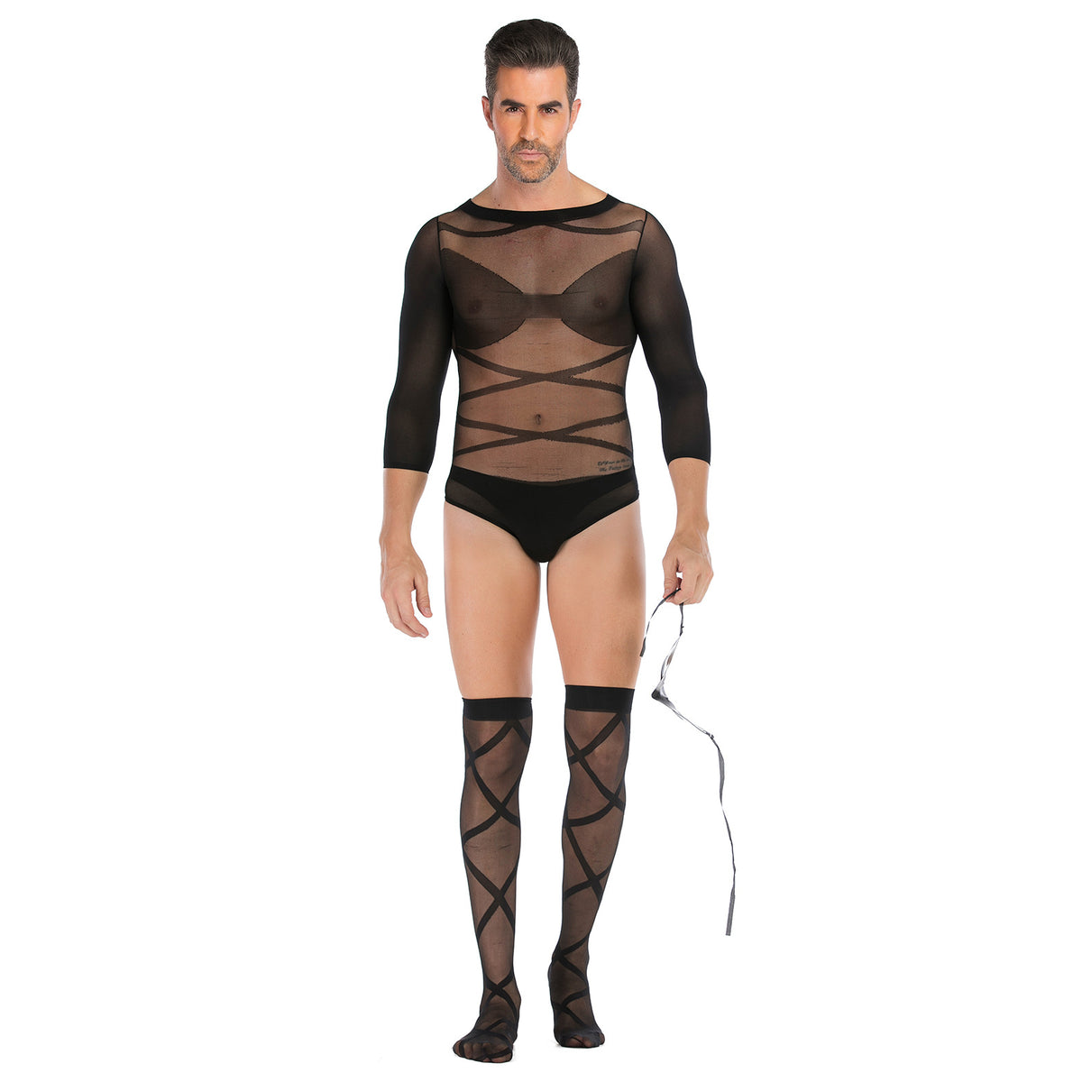 Men's Long-sleeved See-through Fishnet Suit With Cross-striped Stockings And Mask Set