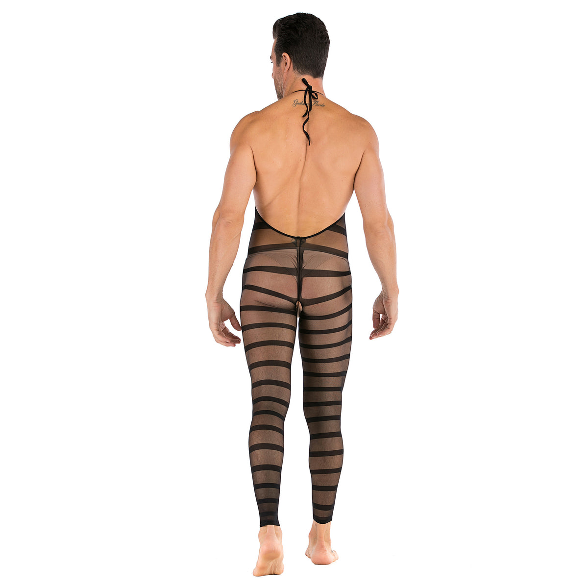 Men's Striped Halter Neck Open Crotch See-Through Bodysuit