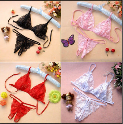 Sexy Transparent Lace Women's Open-Crotch Three-Piece Set Seductive Sexy Lingerie