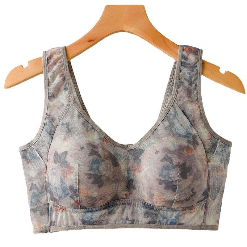 Middle-aged Printed Bra Large Size Thin Style Wireless Vest-style Bra Prevent Sagging Seamless