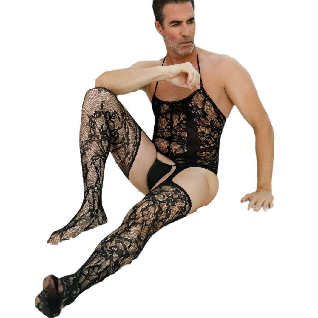 Men's Plus Size Stockings Mesh Lace Hollow Out See Through Sexy Lingerie