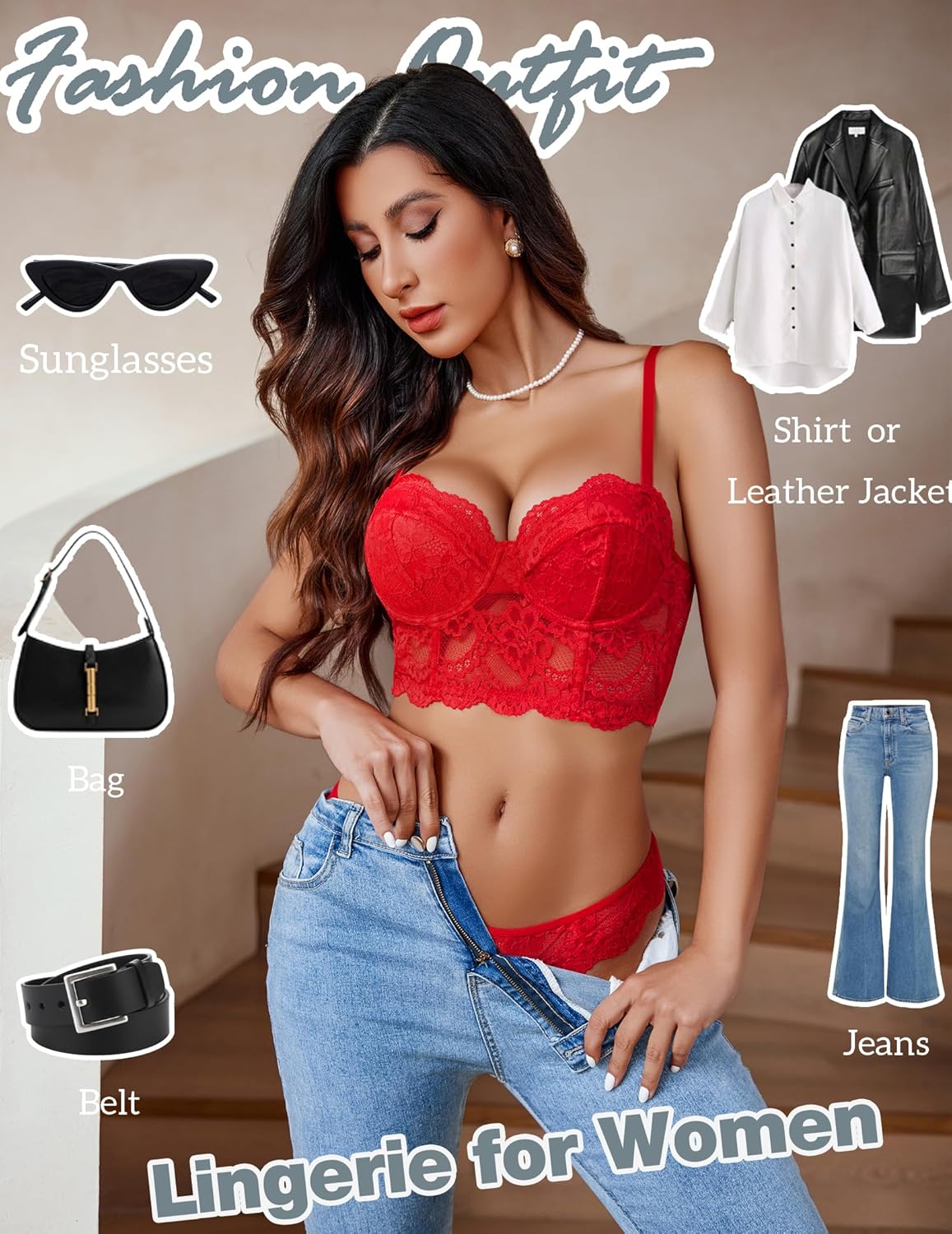Women's Exquisite 2-Piece Lace Lingerie Set V-Neck Corset Tops Bra PantyNightwear