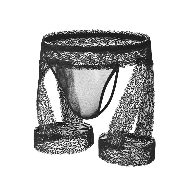 Men's Lace Tirm Bulge Pouch G-String Underwear with Garter