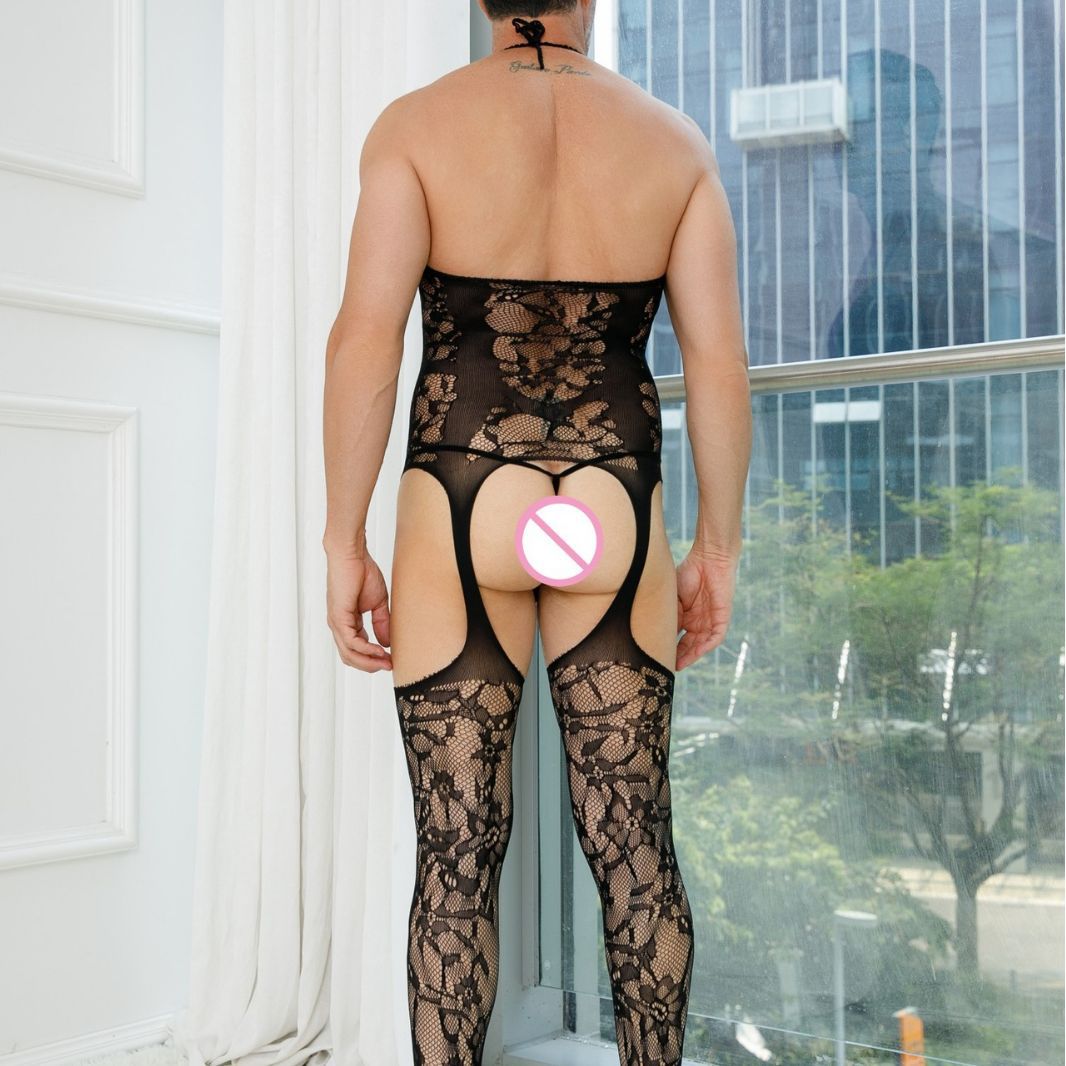 Men's Plus Size Stockings Mesh Lace Hollow Out See Through Sexy Lingerie