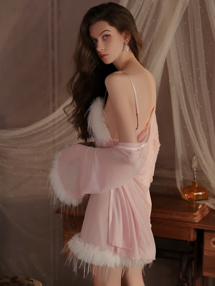 Swan Elegance Feather-Trimmed Slip Dress Set