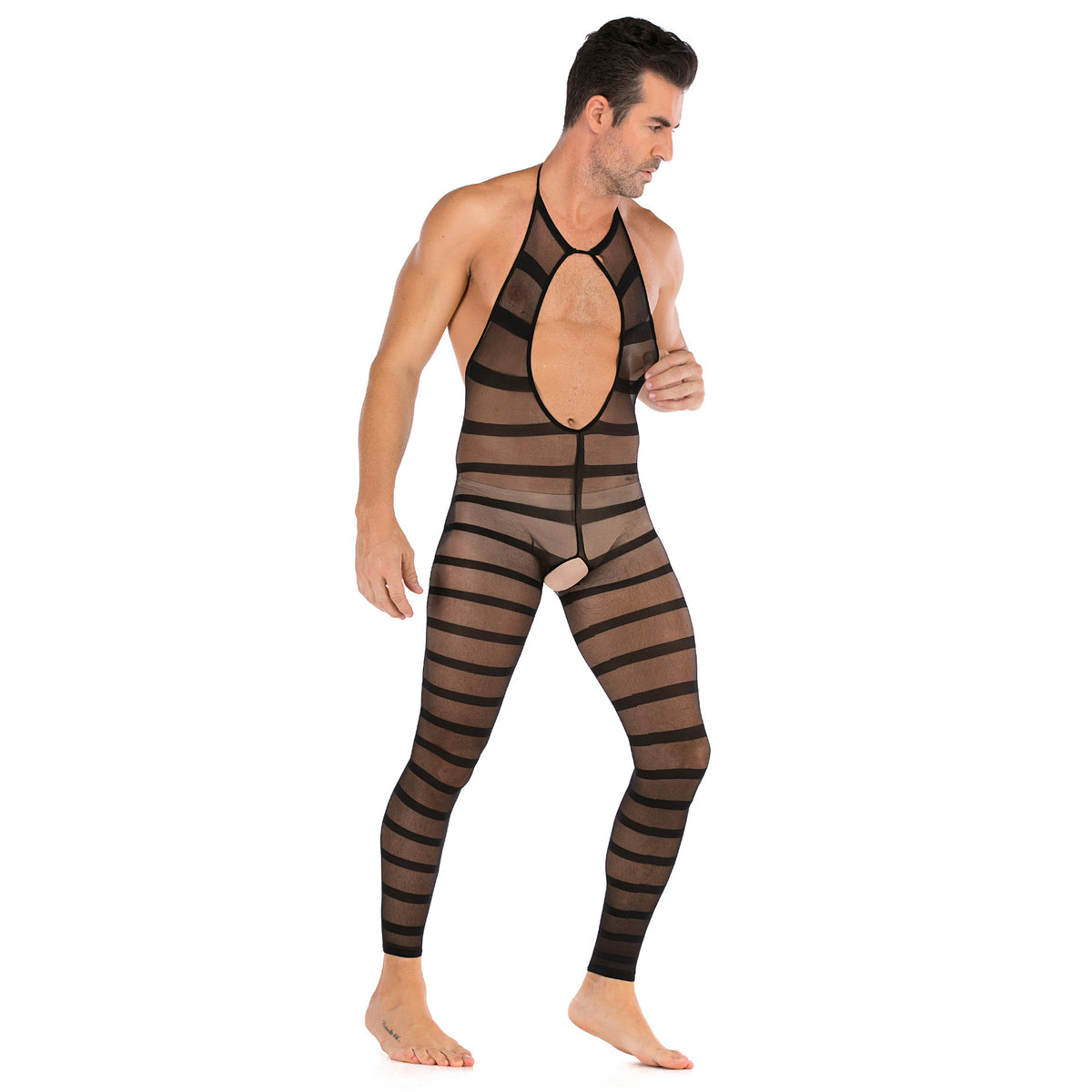 Men's Striped Halter Neck Open Crotch See-Through Bodysuit