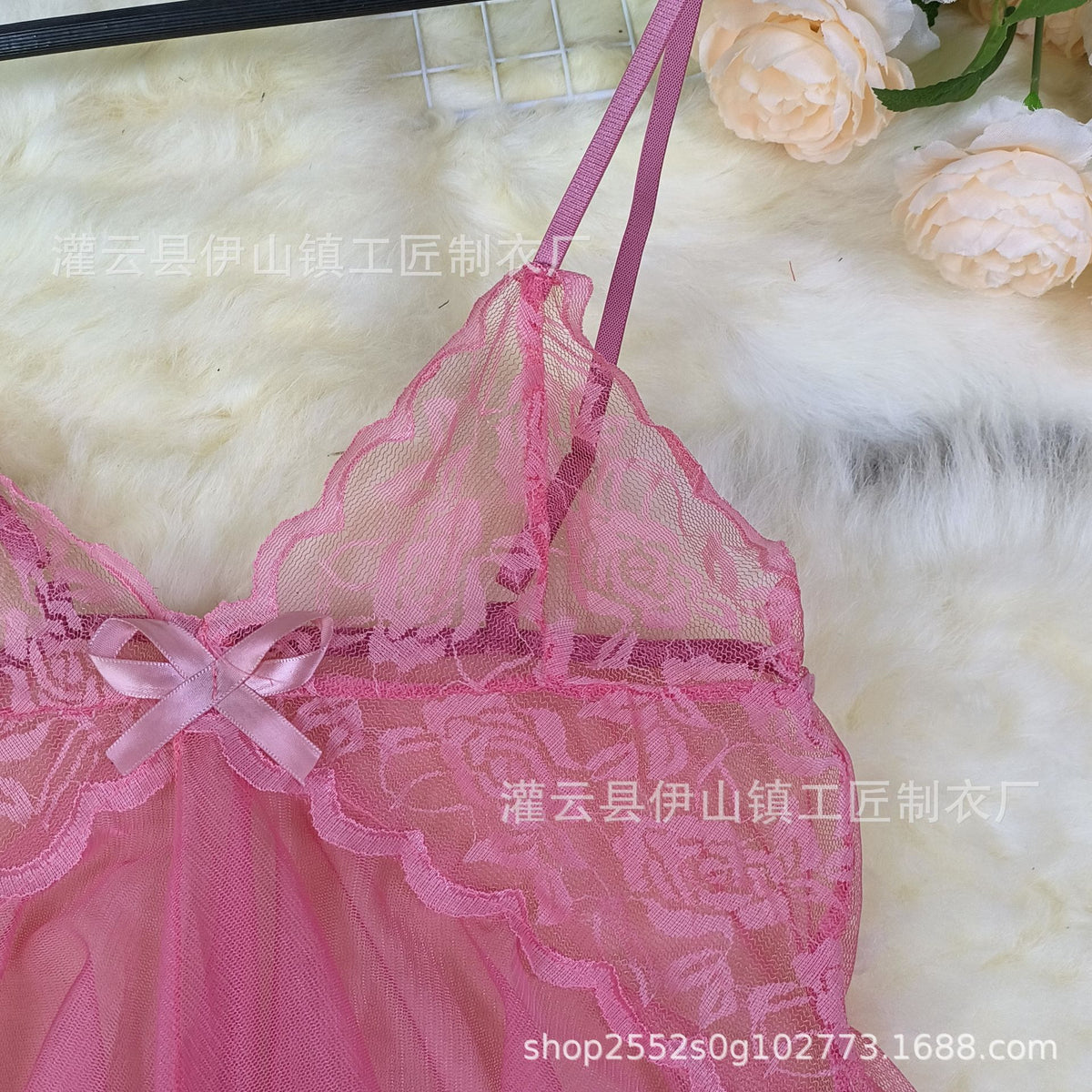 Deep V See-Through Lace Suspender Nightdress Set