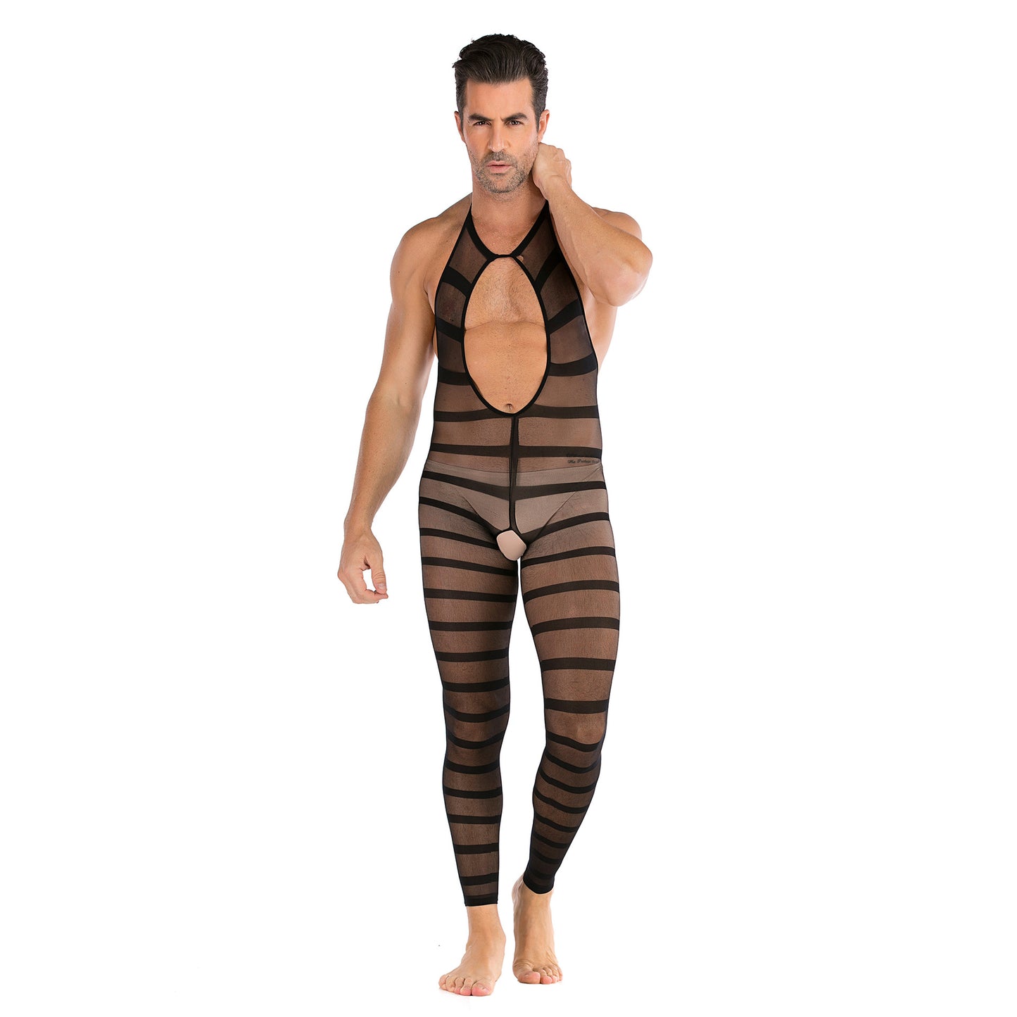 Men's Striped Halter Neck Open Crotch See-Through Bodysuit