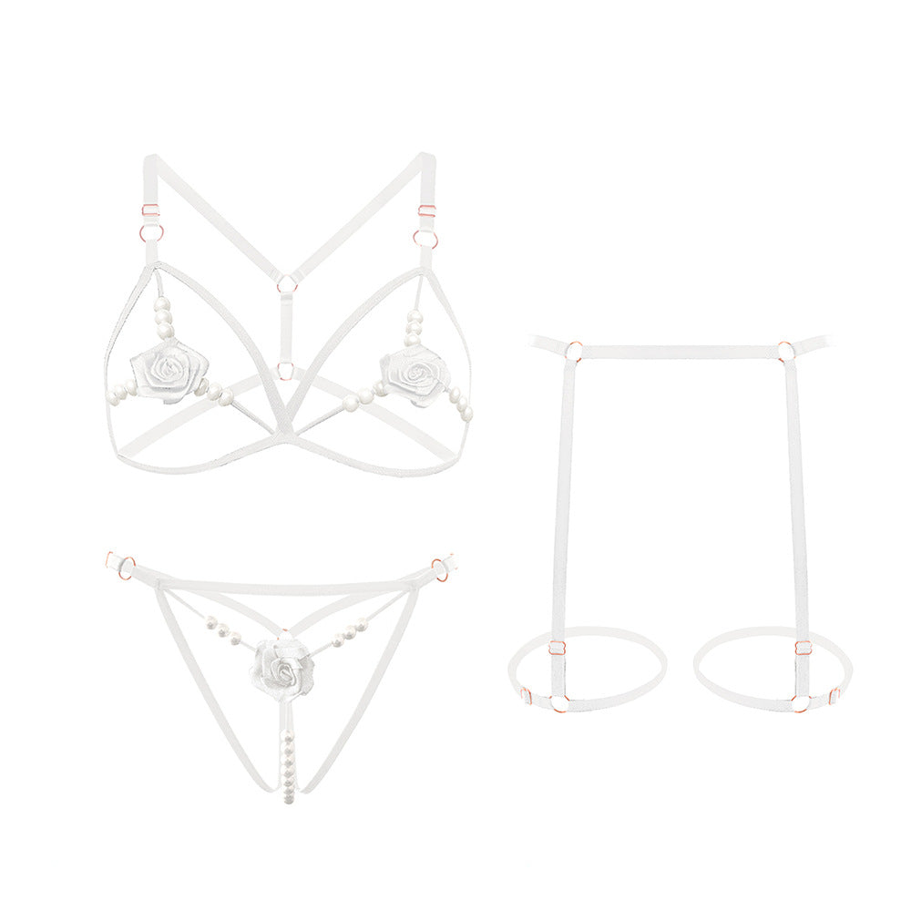 Rose Beaded Three-piece Hollowed-out Lingerie Set