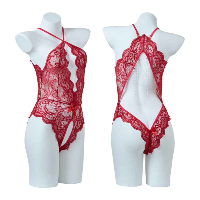 Open-crotch See-through Lace Backless Pearl Chain Bodysuit