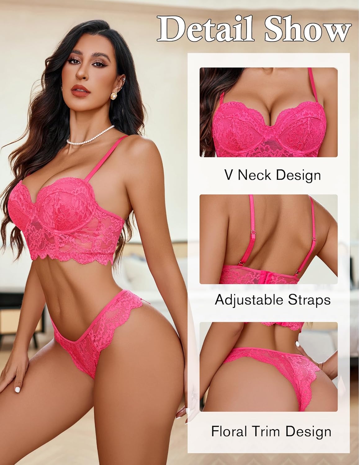 Women's Exquisite 2-Piece Lace Lingerie Set V-Neck Corset Tops Bra PantyNightwear