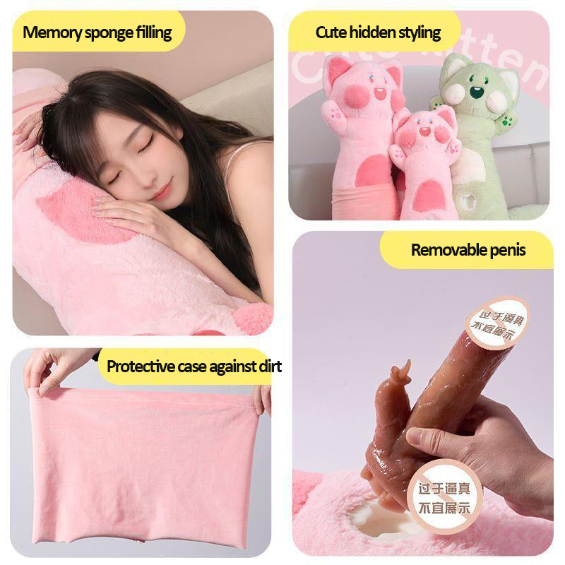 Cat Pillow Hidden Dildo Vibrator | 10-Speed Vibration + 3-Speed Thrusting | Automatic Licking & Suction