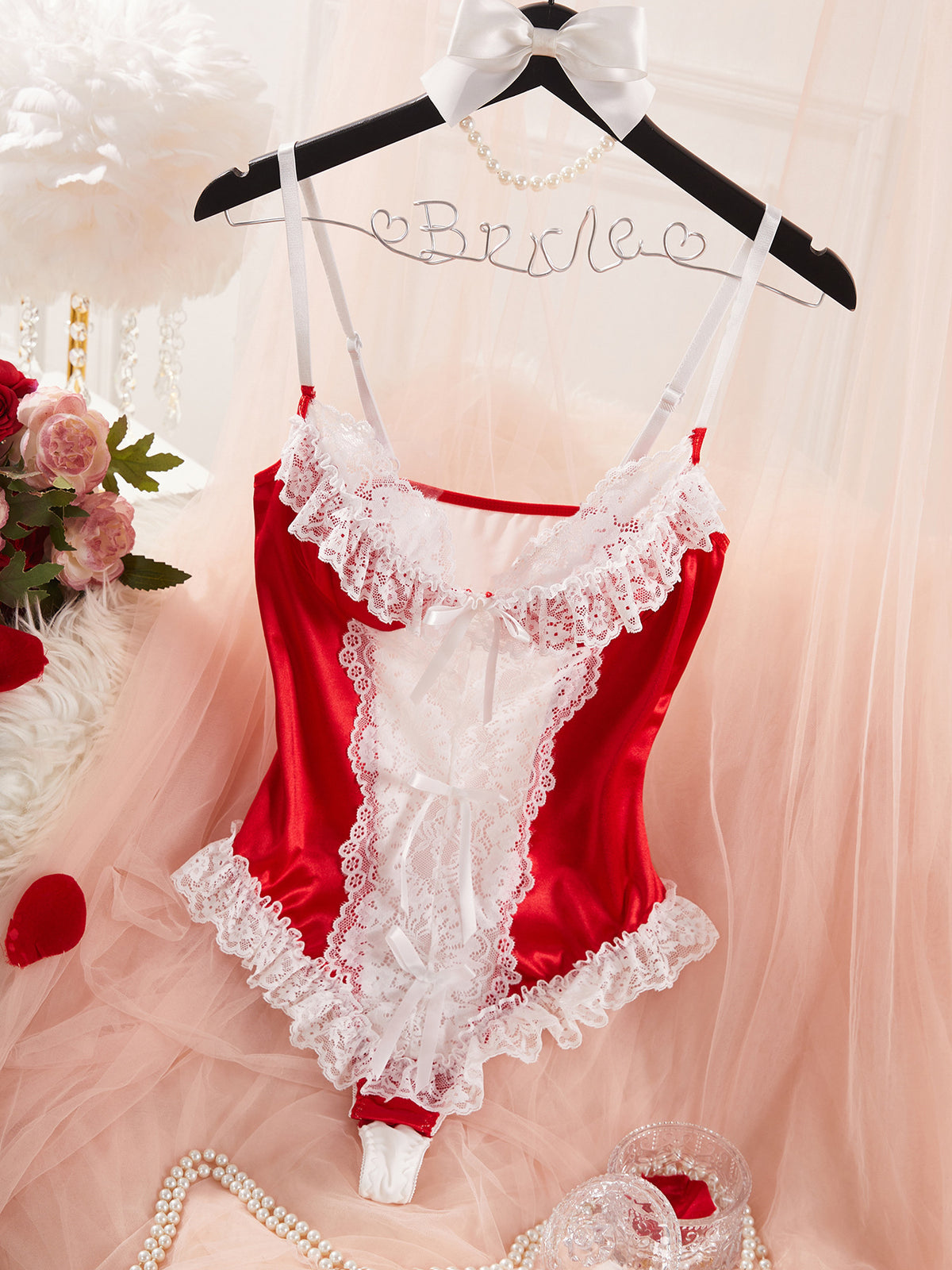 Lace Bow Sheer Satin Bodysuit
