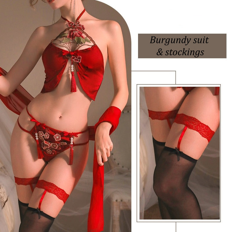 Ancient Style Embroidered Bellyband Sexy Lingerie Set