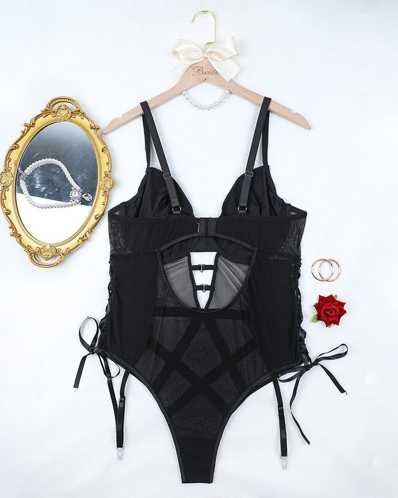 Plus Size Leather Hollow Tie Bodysuit