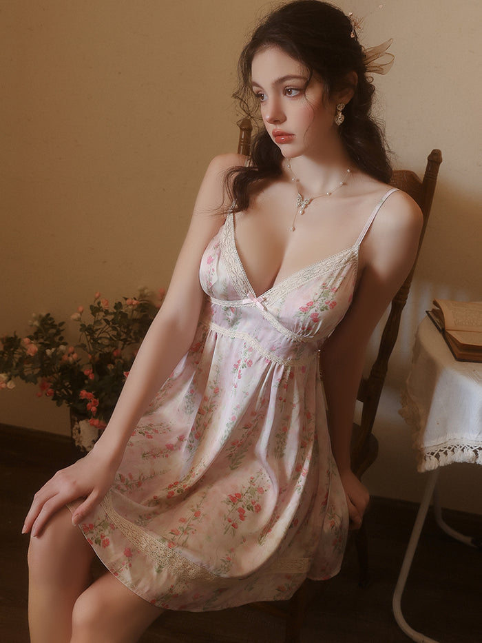 Floral Lace Deep V Trim Satin Dress