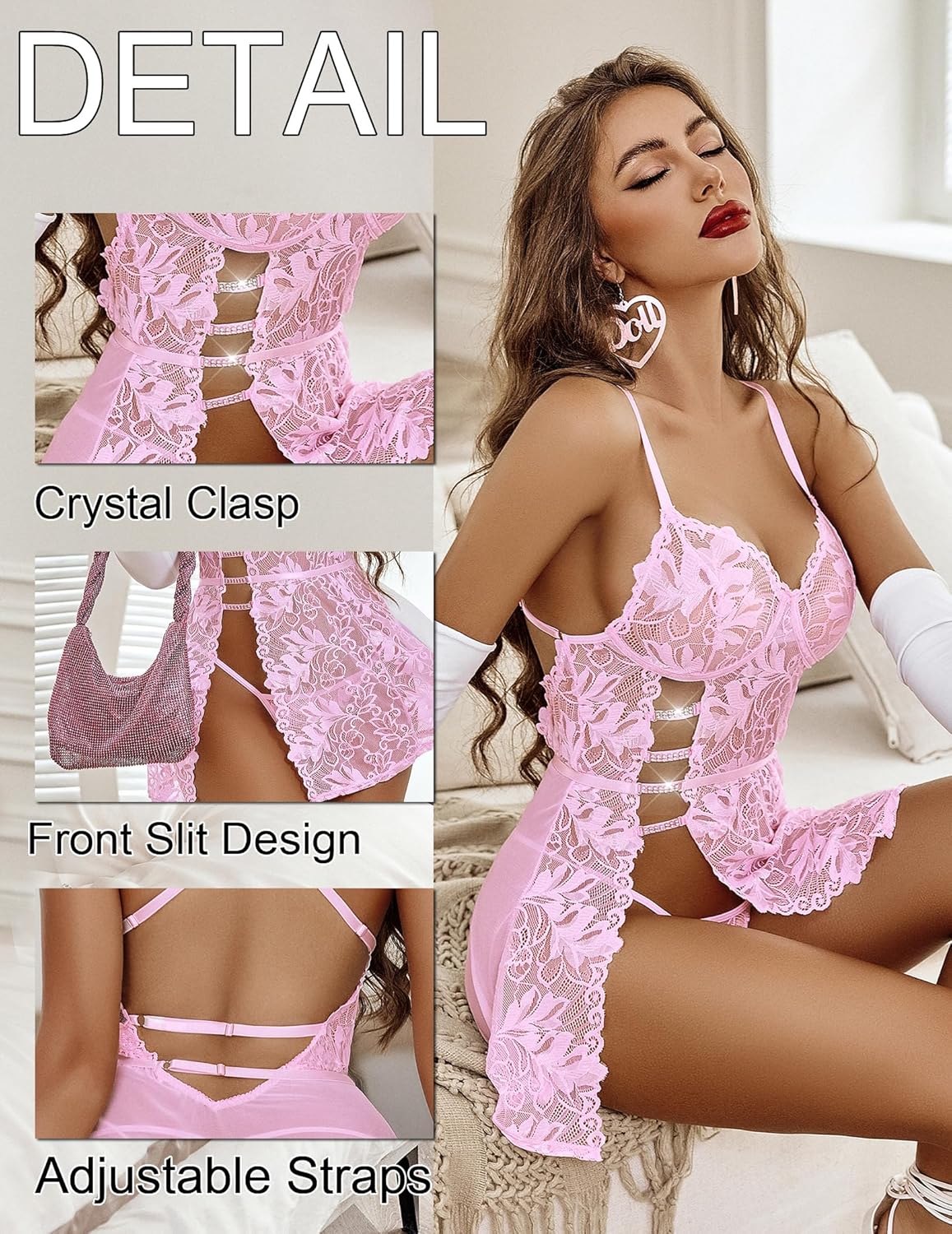 Women's Charming Lace Babydoll Lingerie Set Cute Dress with Thongs Chemise