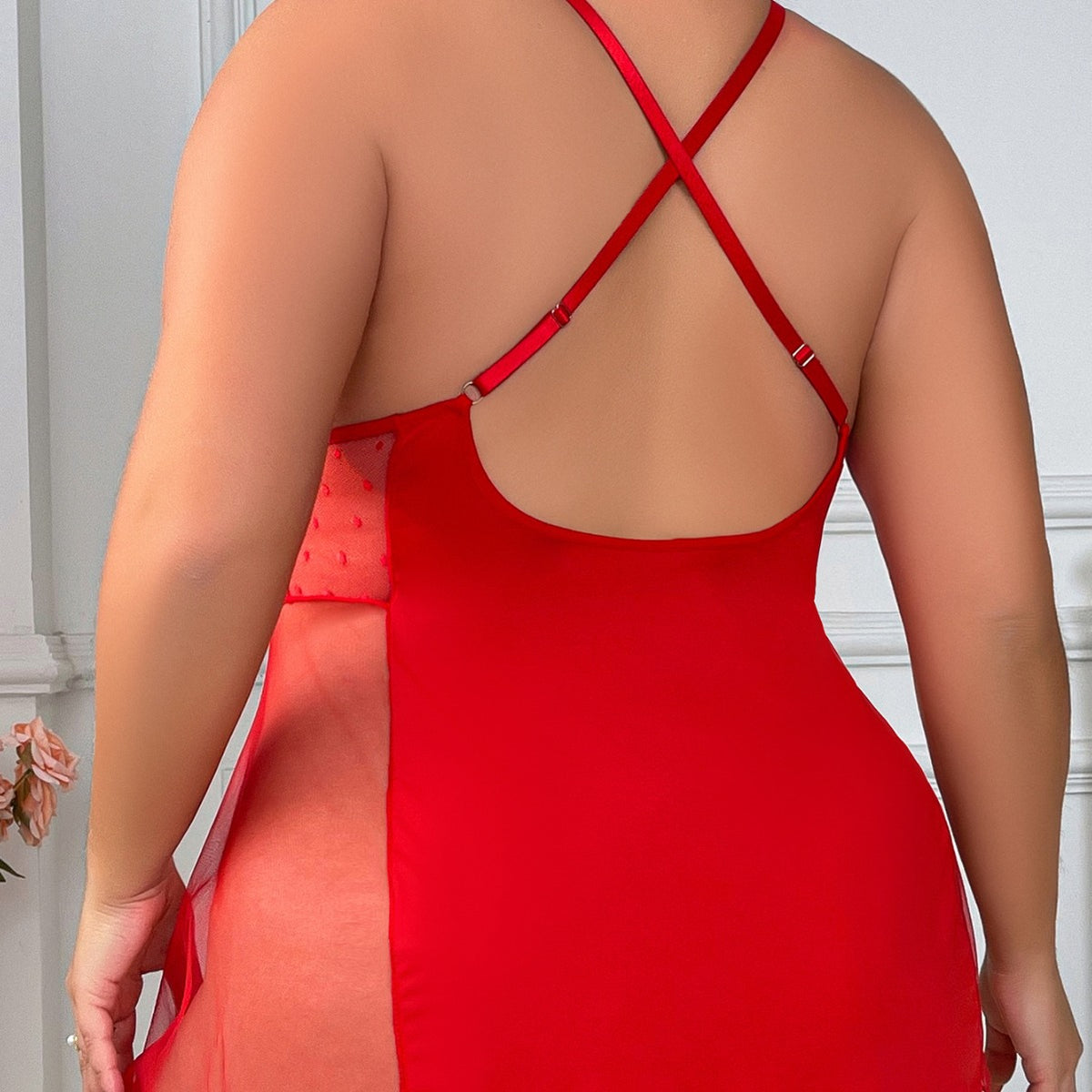 Plus-Size Lingerie Lace Mesh See-Through Sling Slit Women's Sleepwear