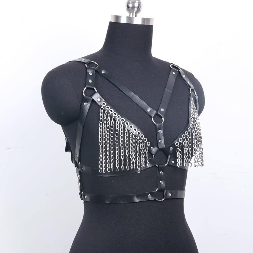Seductive SM Leather Bondage Lingerie Set Tassel Body Chain G-String with Music Festival Style