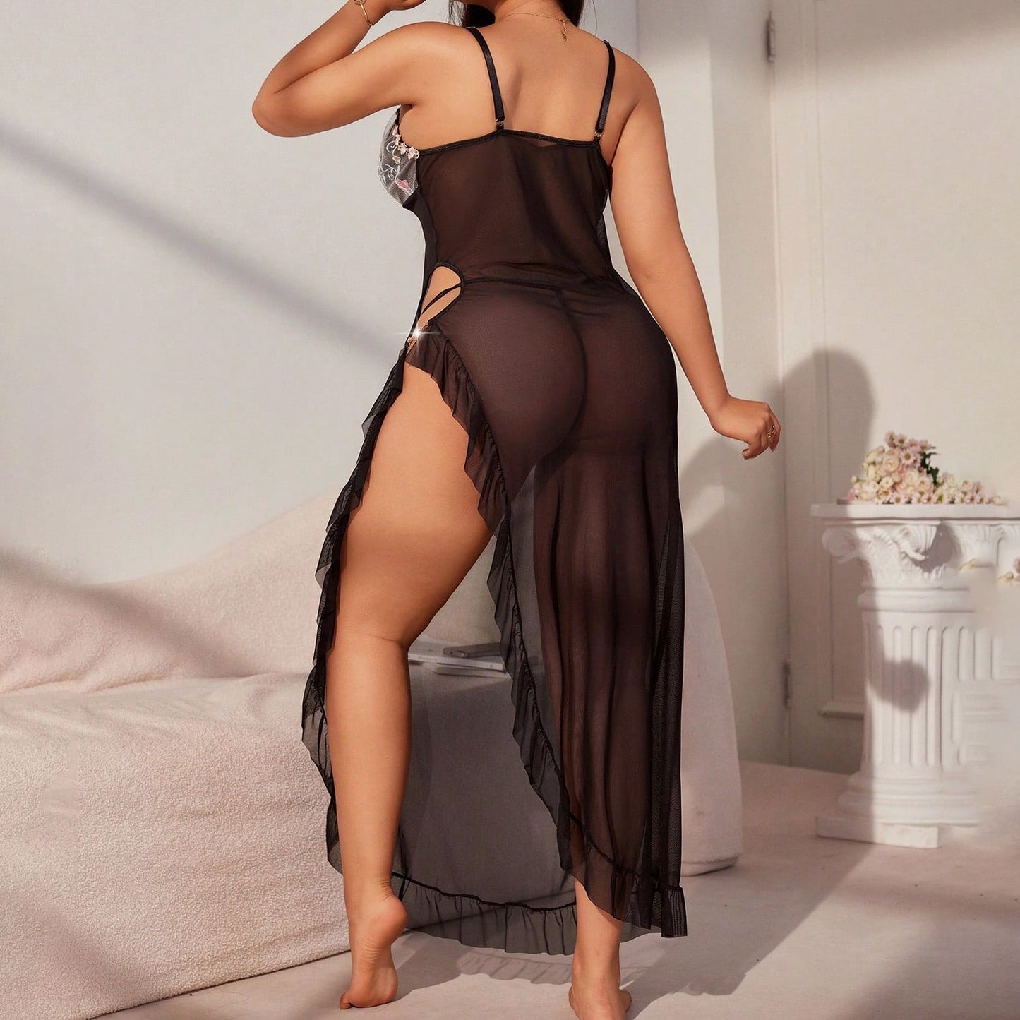 Large Size Split-slit Suspender Dress Sexy Semi-see-through Pajamas Long Lace Dress Set