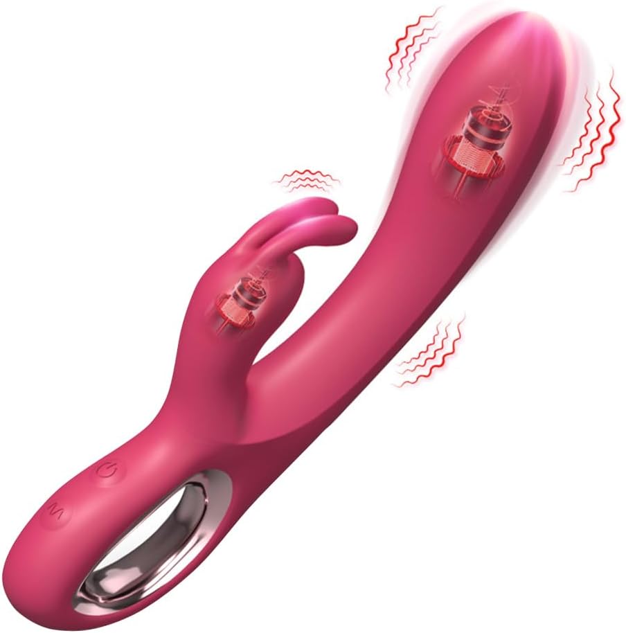 Quusvik 2-in-1 Rabbit Vibrator – 10 Vibration Modes, Dual Motors, Full Waterproof, Ergonomic Ring Handle (Rose Red/Purple)