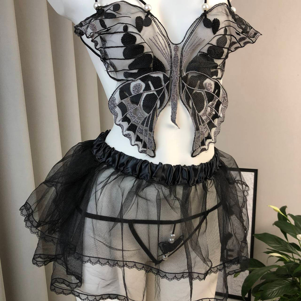 Butterfly Pearl Sheer Lingerie Set with Tutu Skirt