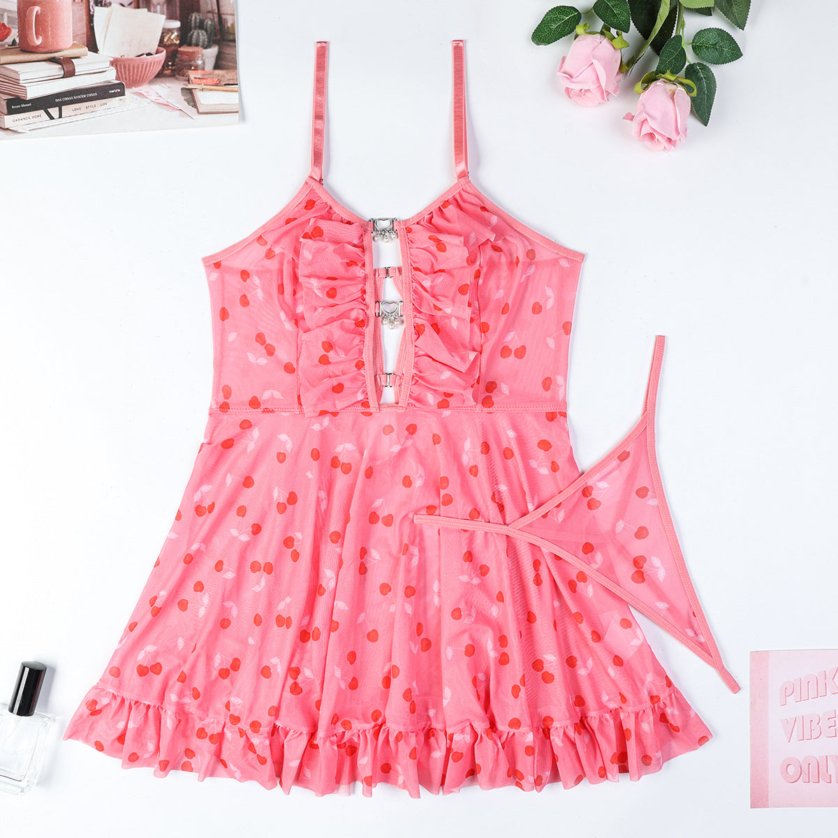 Pink Fishnet Clothes Printed Hollow-out Cute Suspenders Nightdress