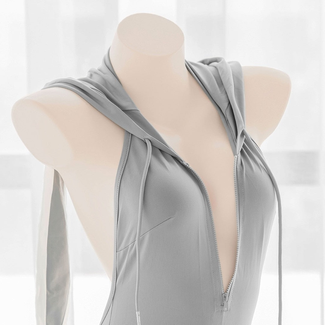 Gray Bunny Bodysuit Women Zipper Sexy Lingerie Set