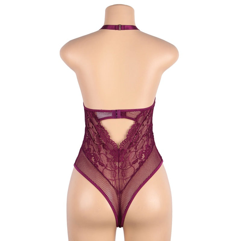Plus Size Women's Erotic Lingerie Hanging-neck Backless Faux Leather Sexy Open-chest One-piece