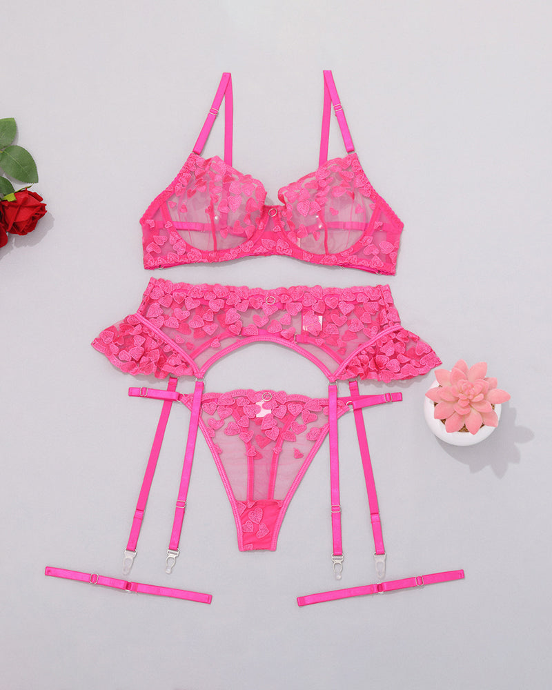 Heart Embroidery Paneled Lace Lingerie Set