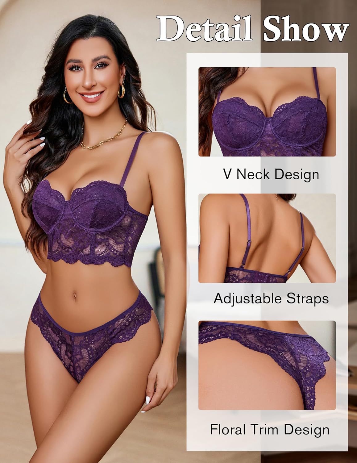 Women's Exquisite 2-Piece Lace Lingerie Set V-Neck Corset Tops Bra PantyNightwear