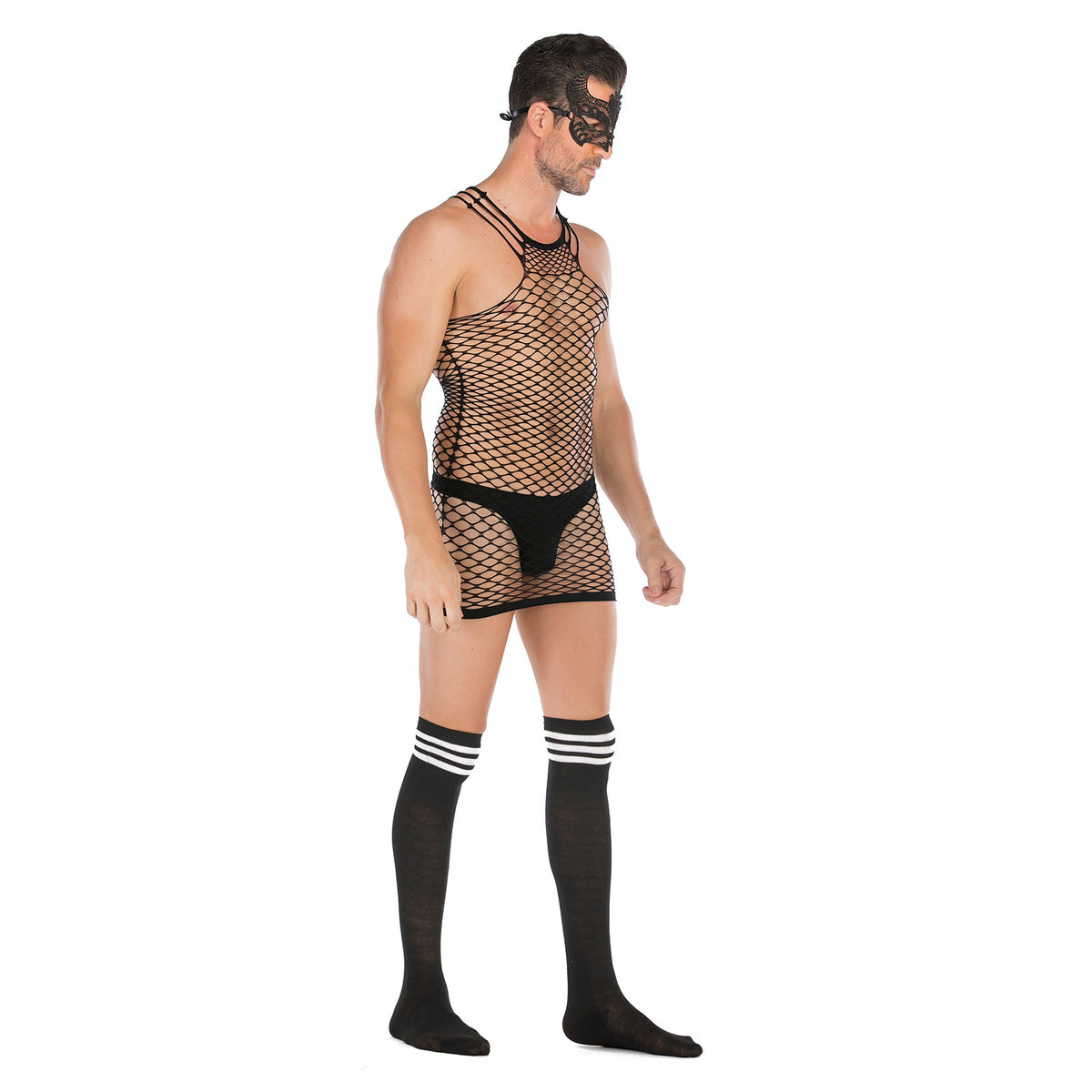 Men's See-Through Fishnet Halter Bodysuit with Striped Stockings and Lace Mask Set