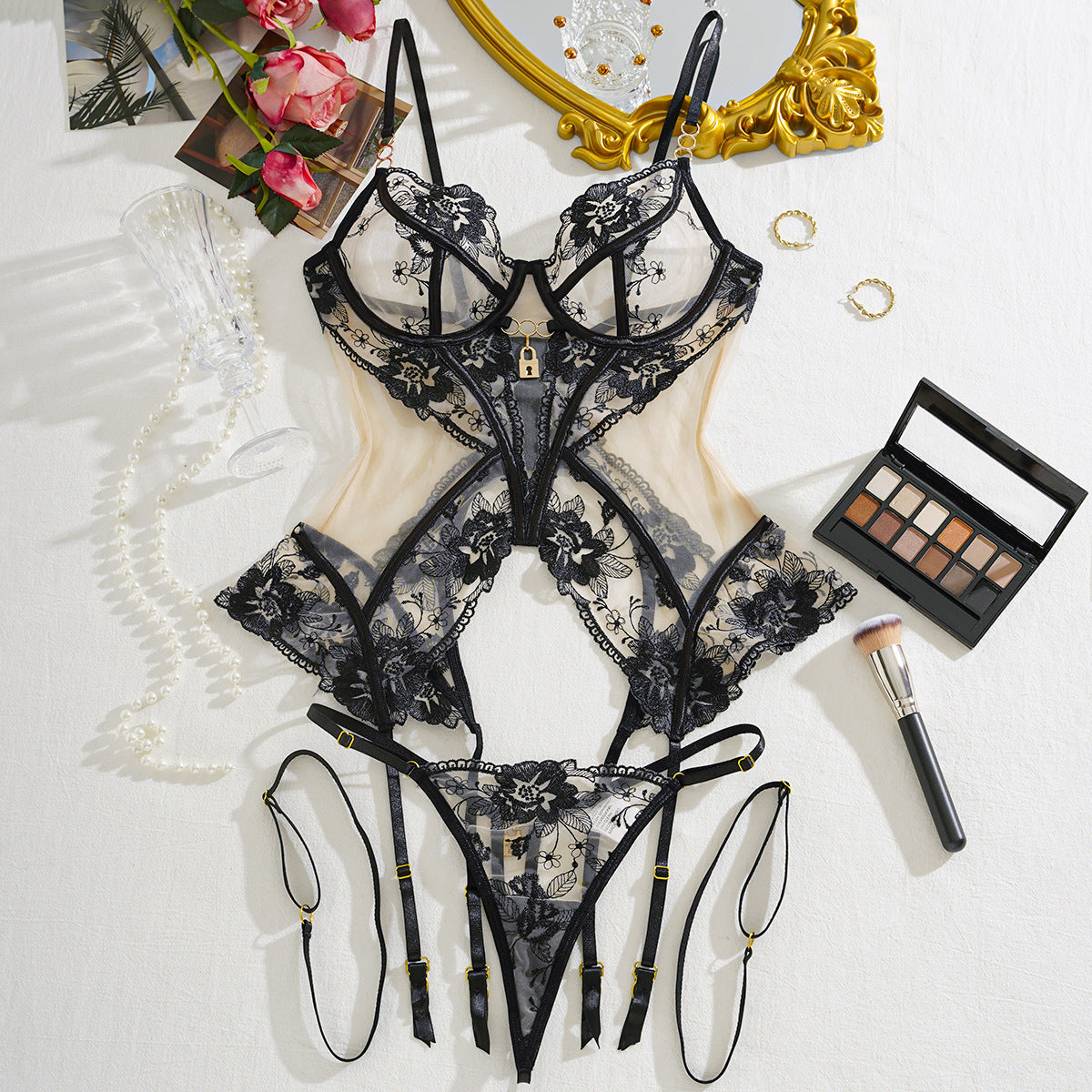 Sexy Three-Piece Lingerie Set Mesh Underwire Backless Bodysuit Removable Garter Belt