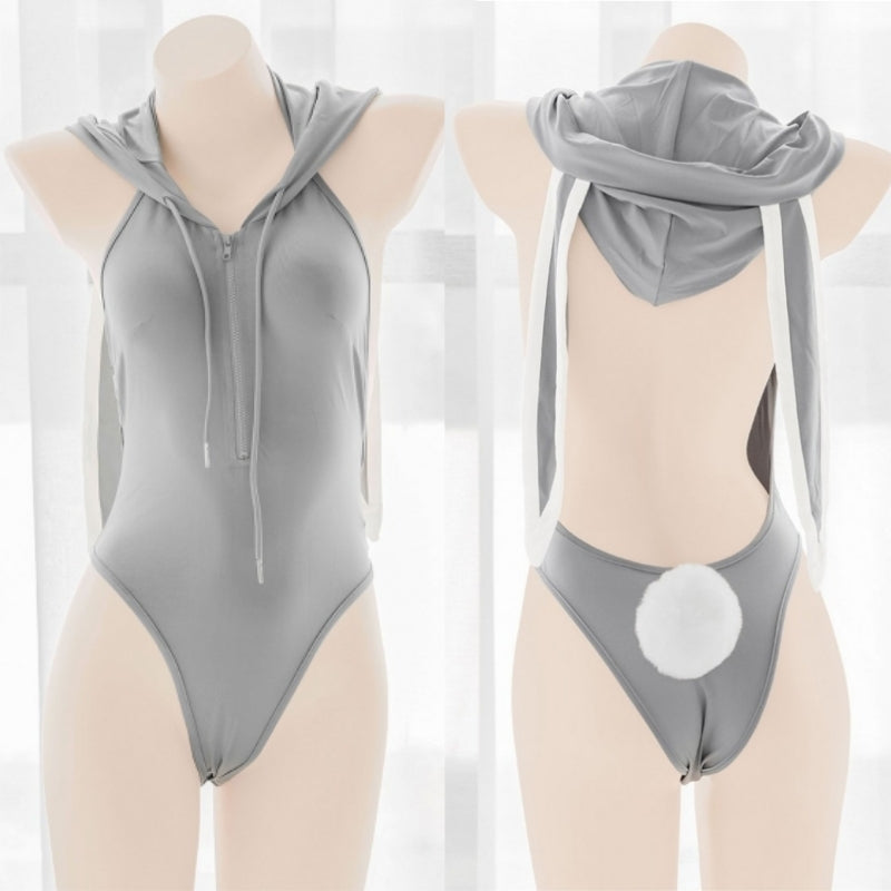 Gray Bunny Bodysuit Women Zipper Sexy Lingerie Set