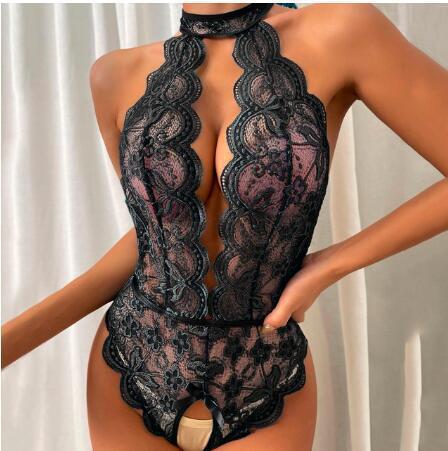 Seductive Crotchless One-Piece Sleepwear Scallop Lace Plunge V-Neck Halterneck Design
