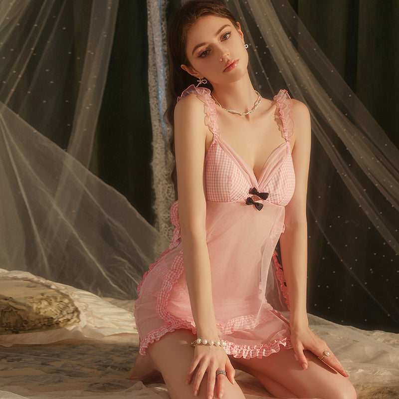Sexy See-through Pink Plaid Mesh Slip Dress Set With Bra Pads