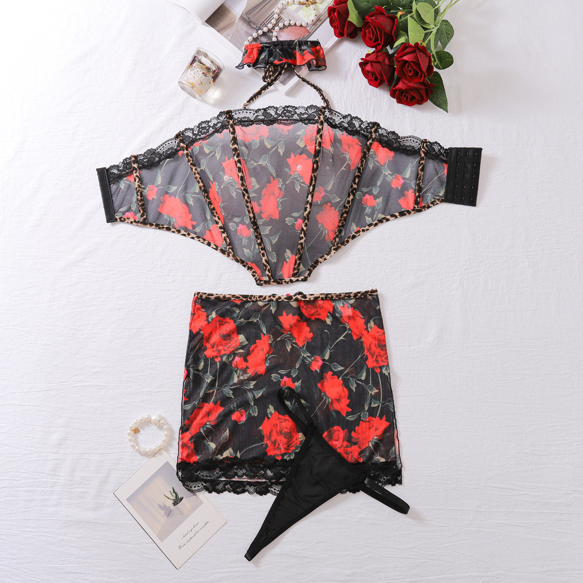 Sexy Slimming Comfortable Mesh Printed Erotic Lingerie Underpants Four-Piece Set