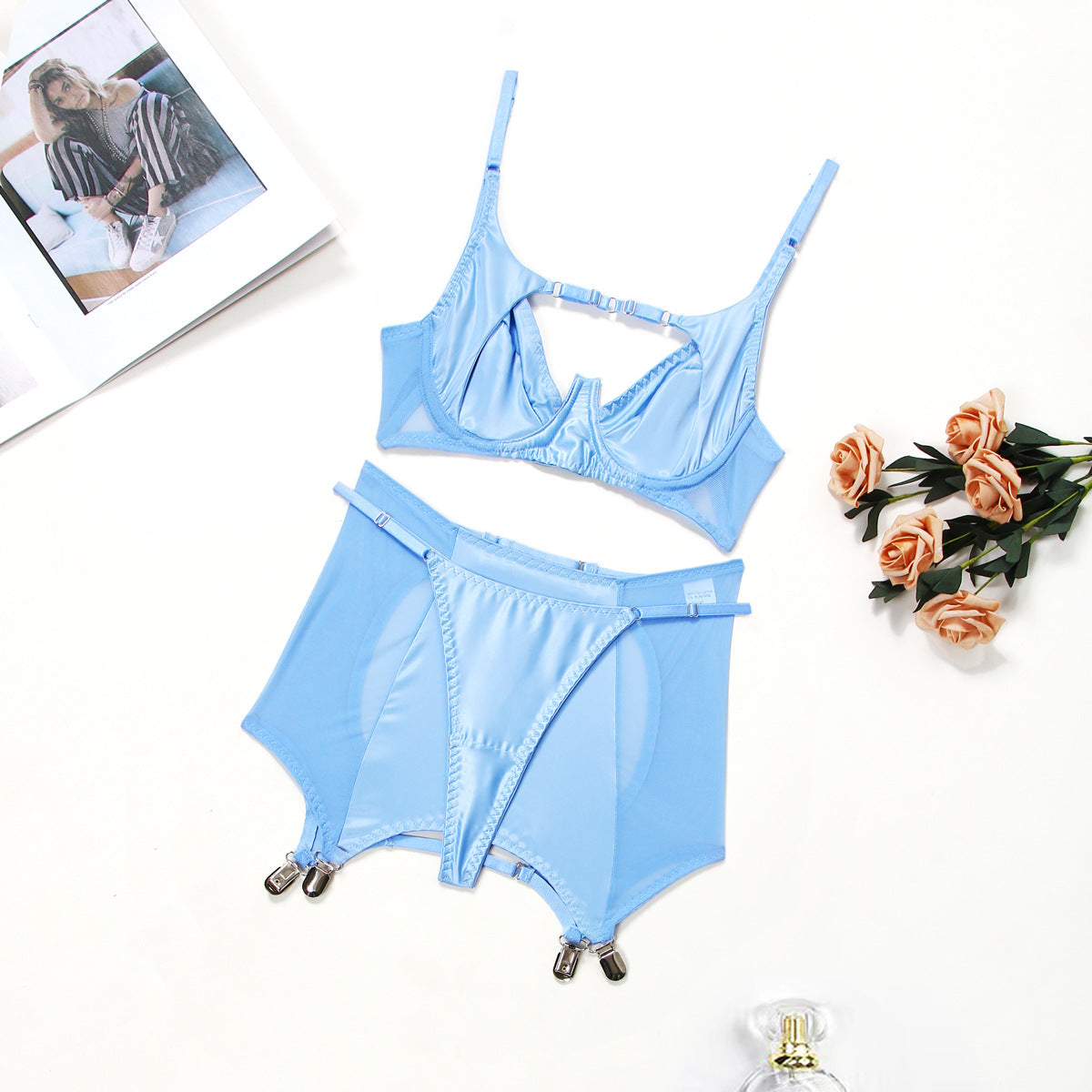 Mesh Splicing Milk Silk Push up Sexy Lingerie Three-Piece Set