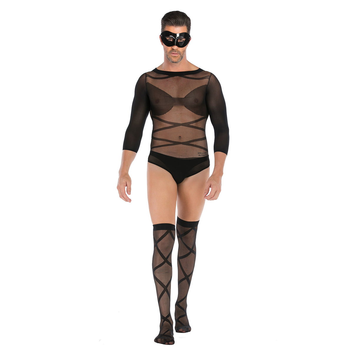 Men's Long-sleeved See-through Fishnet Suit With Cross-striped Stockings And Mask Set