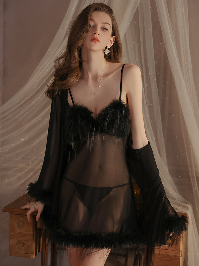 Swan Elegance Feather-Trimmed Slip Dress Set