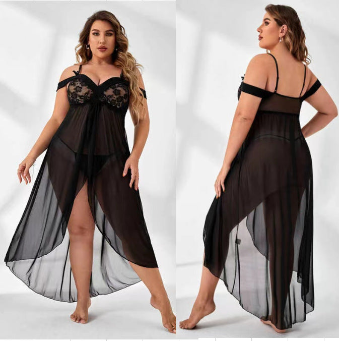 See-through off-the-Shoulder Pajamas Suit Sexy Transparent Lace Long Dress