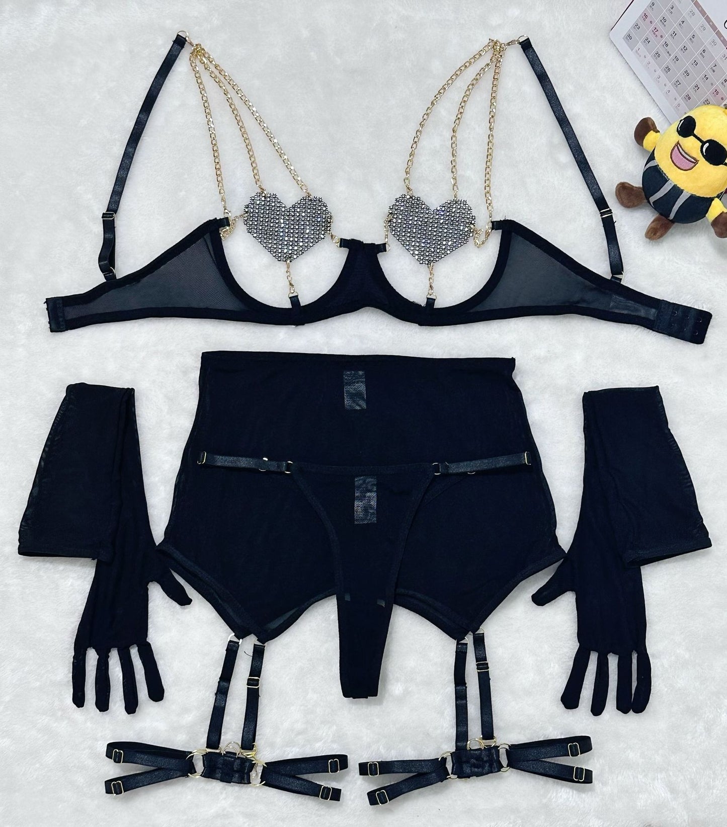 Three-Piece Hollow-Out Heart-Shaped Pasties Metal Chains Alluring Appeal Sexy Lingerie Set