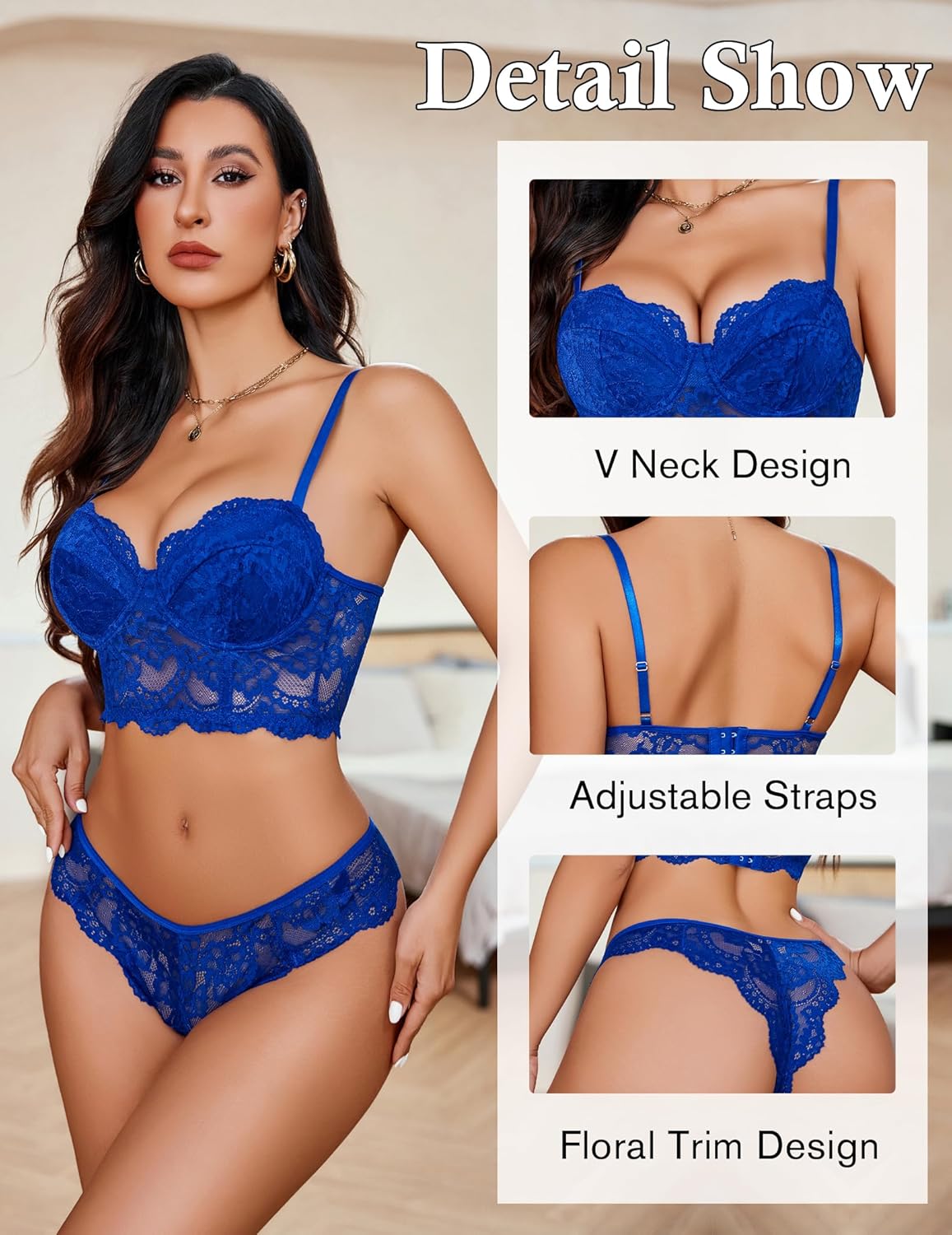 Women's Exquisite 2-Piece Lace Lingerie Set V-Neck Corset Tops Bra PantyNightwear