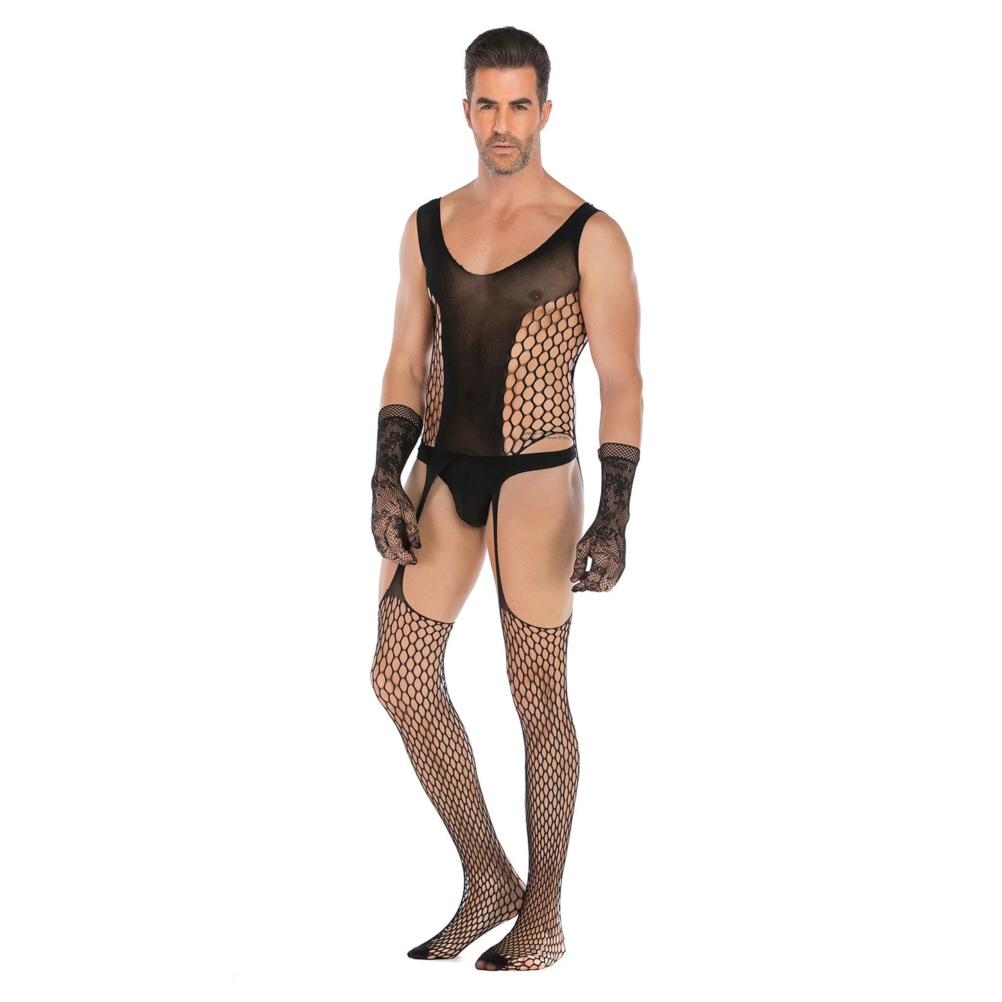Men's Crotchless See-through Fishnet Bodysuit With Lace Gloves Set